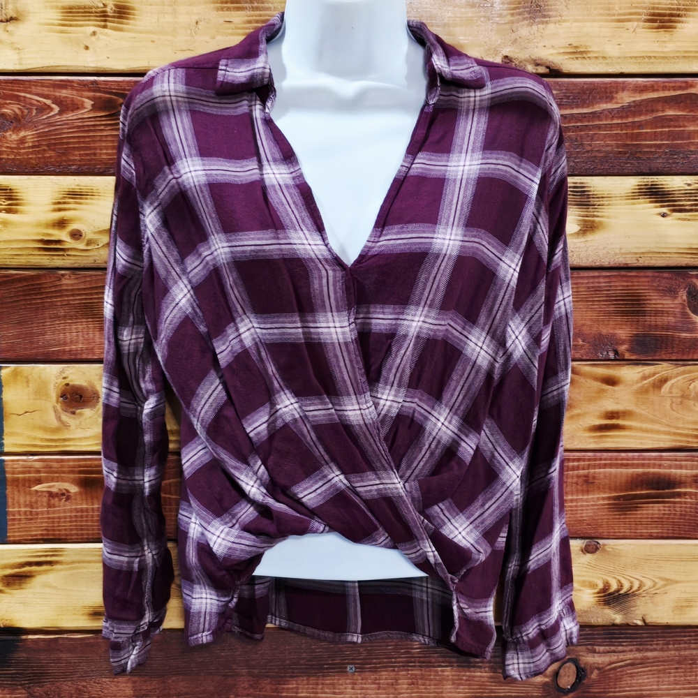 Hollister Burgundy Plaid Surplice Faux Wrap Long Sleeve Button Cuff Blouse S